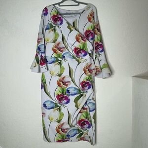 Chiara Boni La Petite Robe Floral Faux Wrap Dress Bell Sleeve Sz 8 ItalyCocktail
